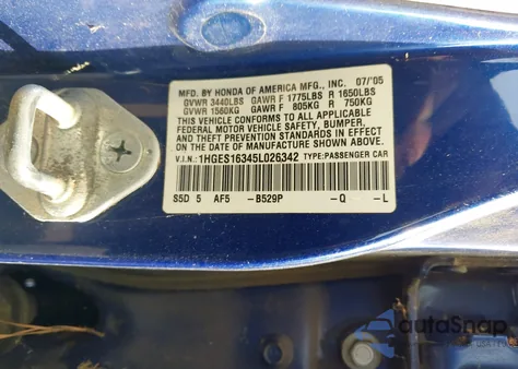 2005 Honda Civic Vp из США, поврежденный, VIN 1HGES16345L026342